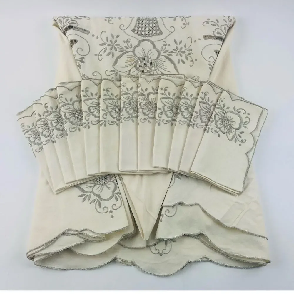 Vintage Large Tablecloth and 12 Napkins Embroidered Cream Grey Floral Bell Gray